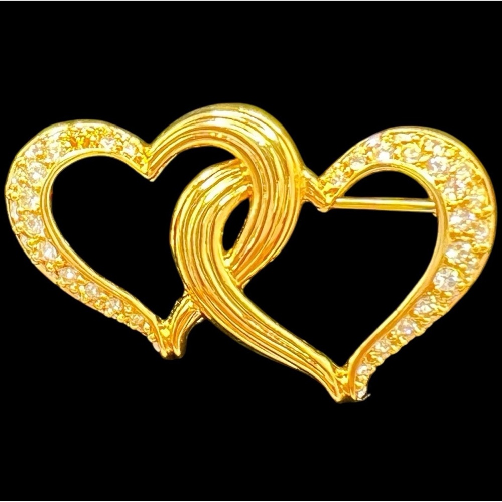 Vintage 1980s Swarovski Crystal Double Interlocking Heart Pin Brooch